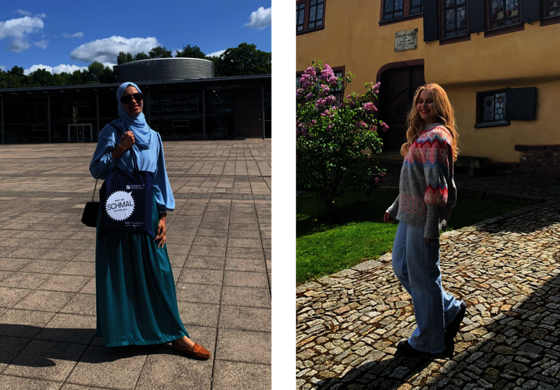 Das Bild links zeigt eine muslimische Studentin mit Kopftuch, Sonnenbrille und Stofftasche der Hochschule Schmalkalden. Das Bild rechts Das Bild zeigt eine blonde Studentin aus der Ukraine. 